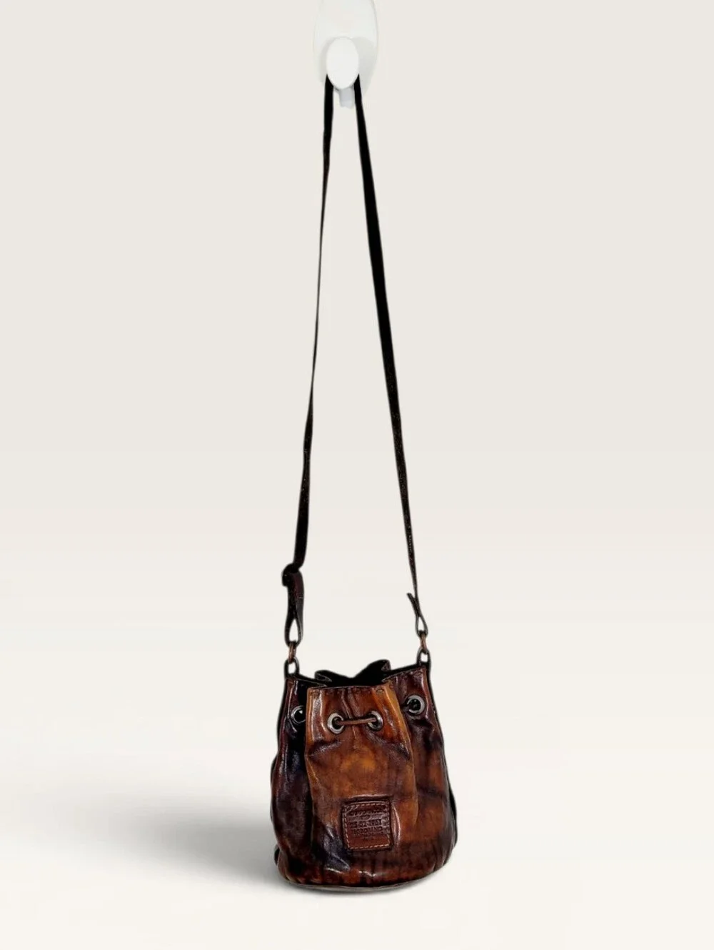 Campomaggi Italian Distressed Cognac Leather Cinch Top Mini Bucket Bag